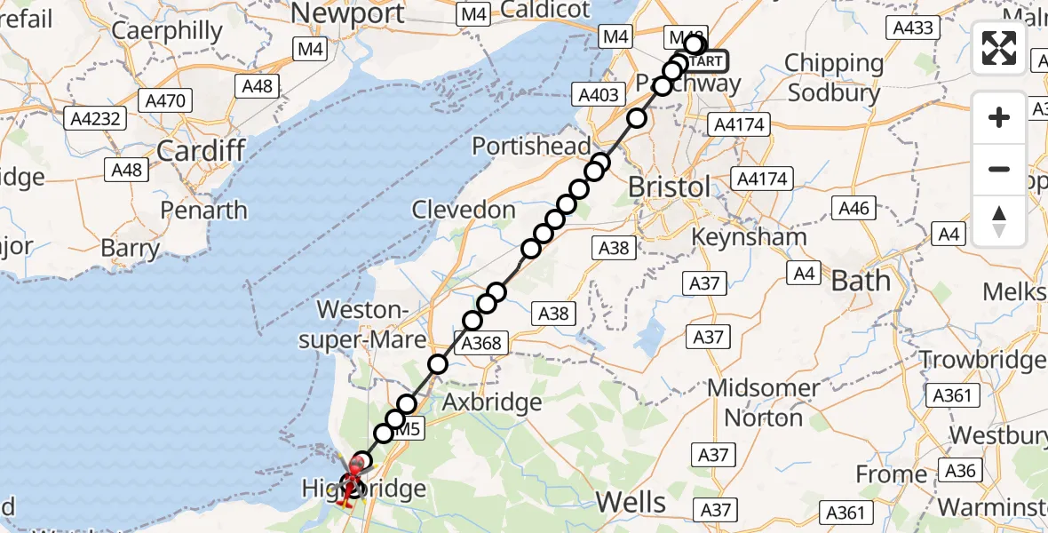 Flight path map showing Air Ambulance Helicopter route from Almondsbury Helicopter Base to Burnham-on-Sea