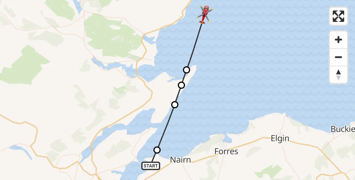 Flight path map showing Air Ambulance Helicopter route from Ardersier to North Sea