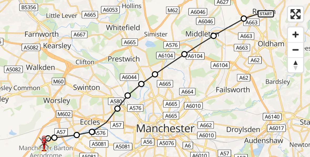 Flight path map showing Air Ambulance Helicopter route from Royton to Manchester Barton Aerodrome
