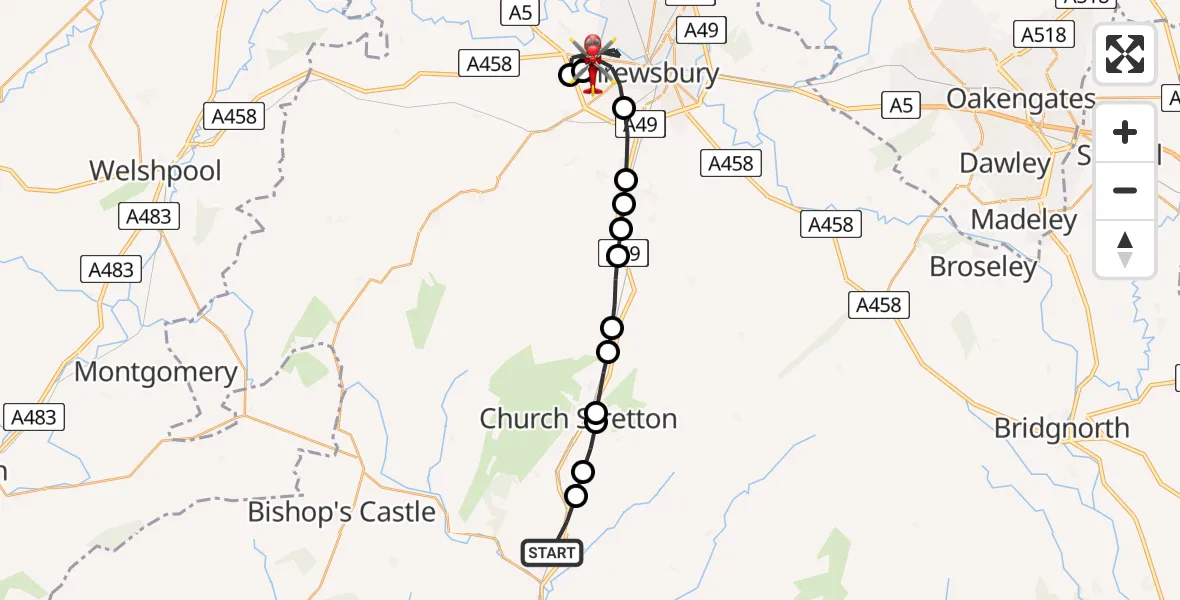 Flight path map showing Air Ambulance Helicopter route from Wistanstow to Shrewsbury