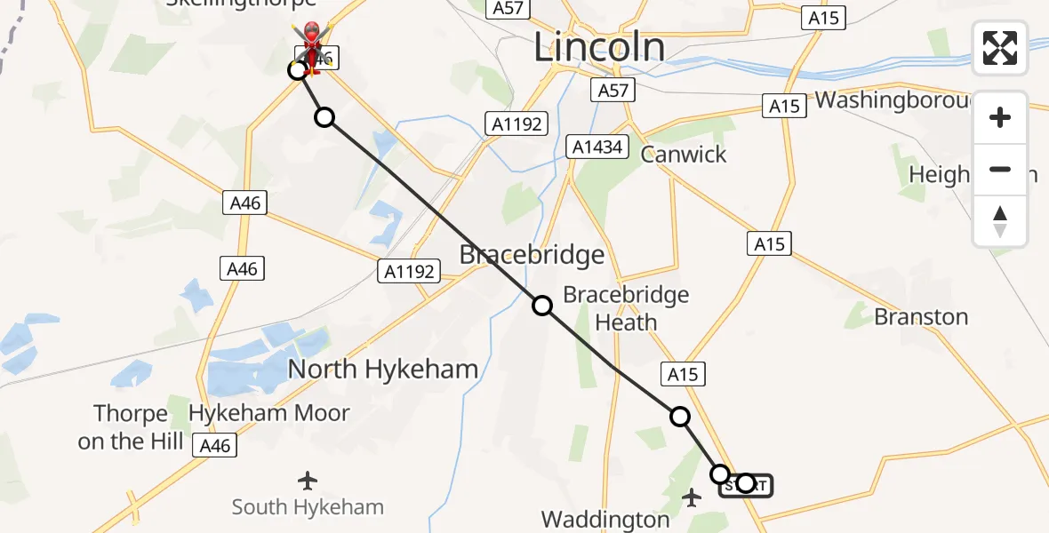 Flight path map showing Air Ambulance Helicopter route from RAF Waddington to Skellingthorpe