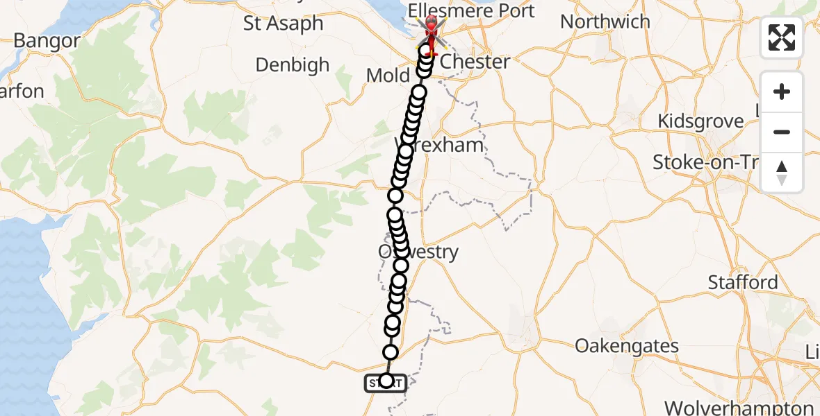 Flight path map showing Air Ambulance Helicopter route from Welshpool Airport to Shotton