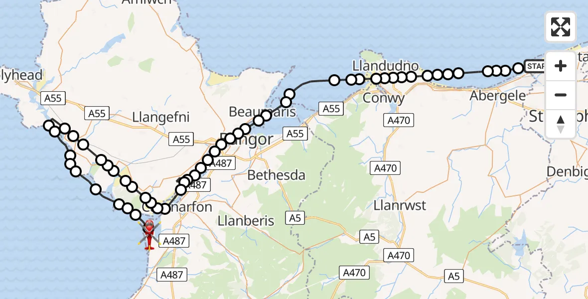 Flight path map showing Air Ambulance Helicopter route from Rhyl to Caernarfon Airport