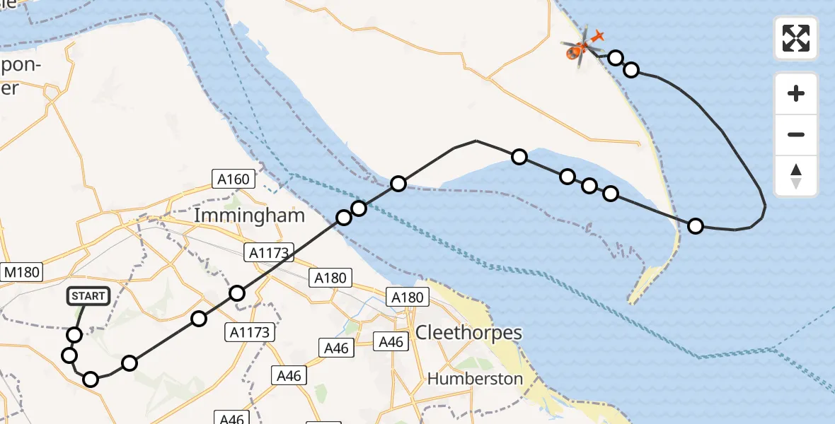 Flight path map showing Coastguard Helicopter route from Humberside Airport to Withernsea