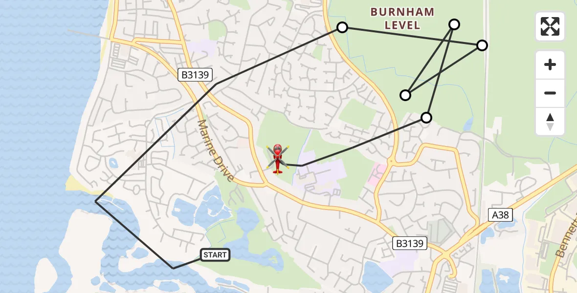 Flight path map showing Air Ambulance Helicopter route from Burnham-on-Sea to Highbridge