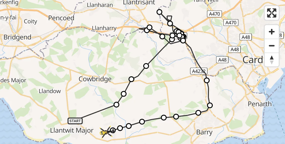 Flight path map showing Police Helicopter route from Llantwit Major to MOD St Athan