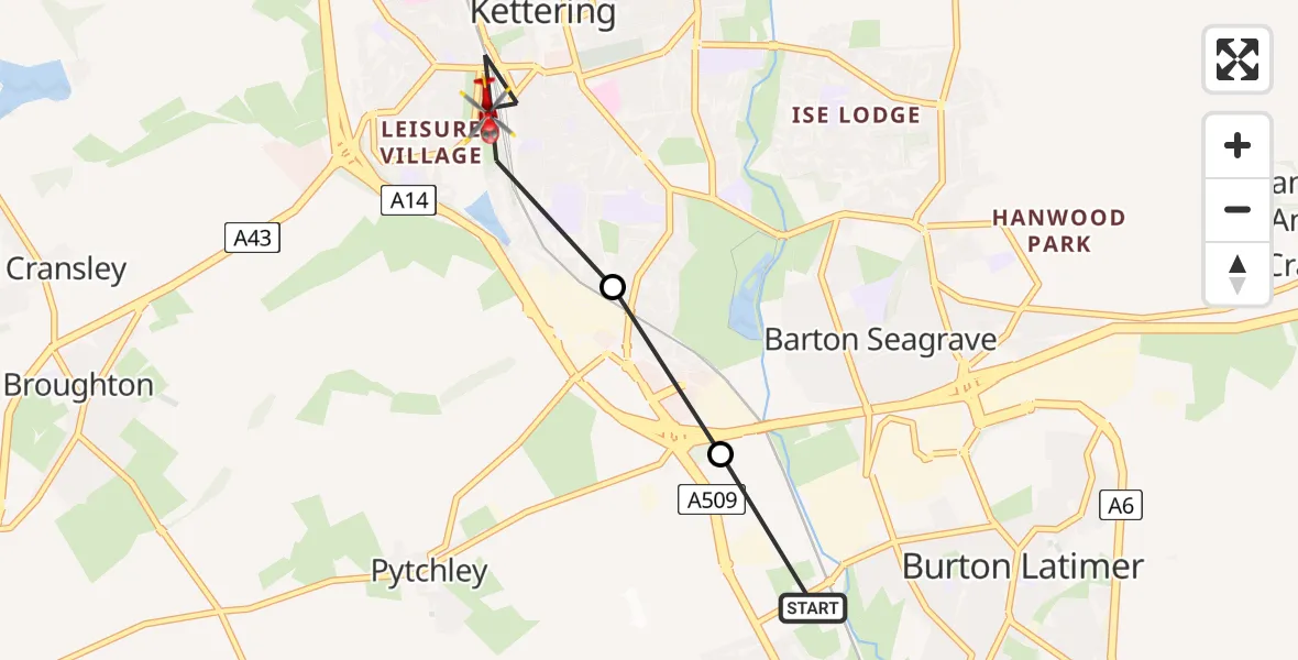 Flight path map showing Air Ambulance Helicopter route from Isham to Kettering