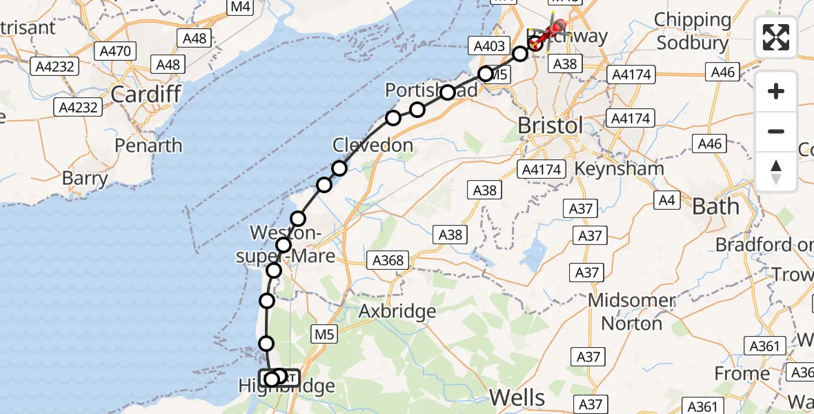 Flight path map showing Air Ambulance Helicopter route from Highbridge to Easter Compton