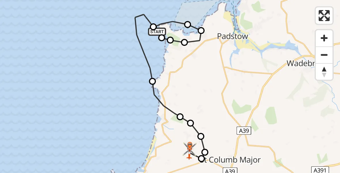 Flight path map showing Coastguard Helicopter route from Constantine Bay to Cornwall Airport Newquay