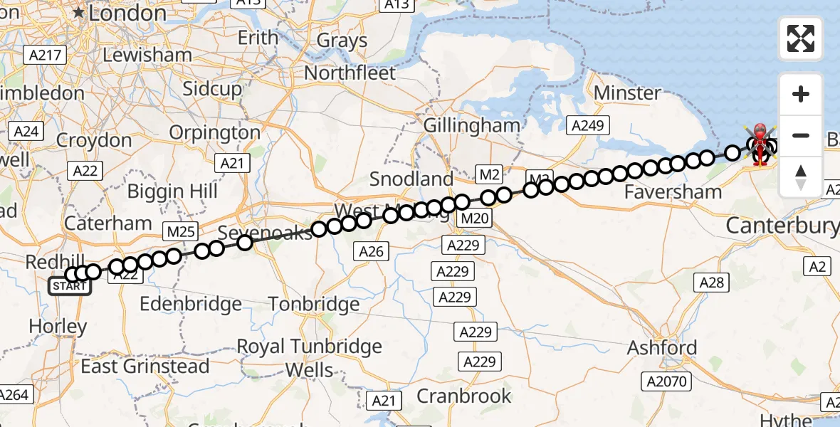 Flight path map showing Air Ambulance Helicopter route from Redhill Aerodrome to Tankerton