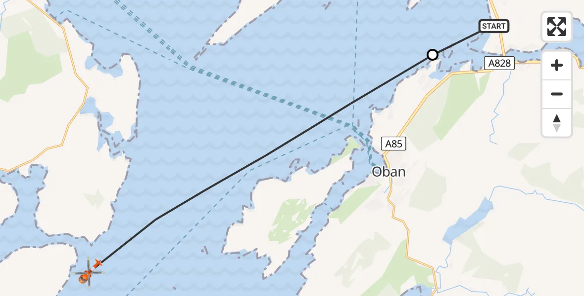 Flight path map showing Coastguard Helicopter route from Oban Airport to Inner Seas