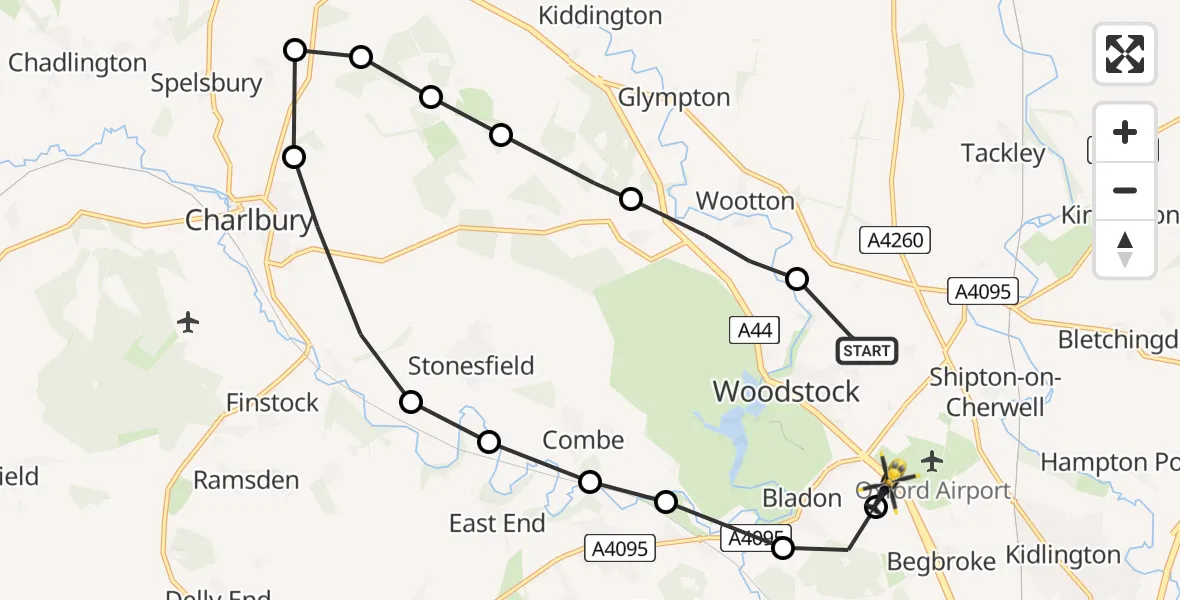 Flight path map showing Police Helicopter route from Woodstock to Begbroke
