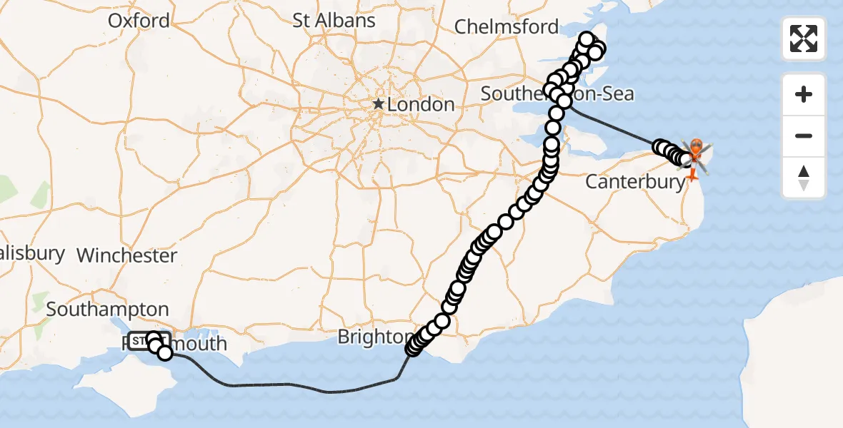Flight path map showing Coastguard Helicopter route from Solent Airport to Manston Airport