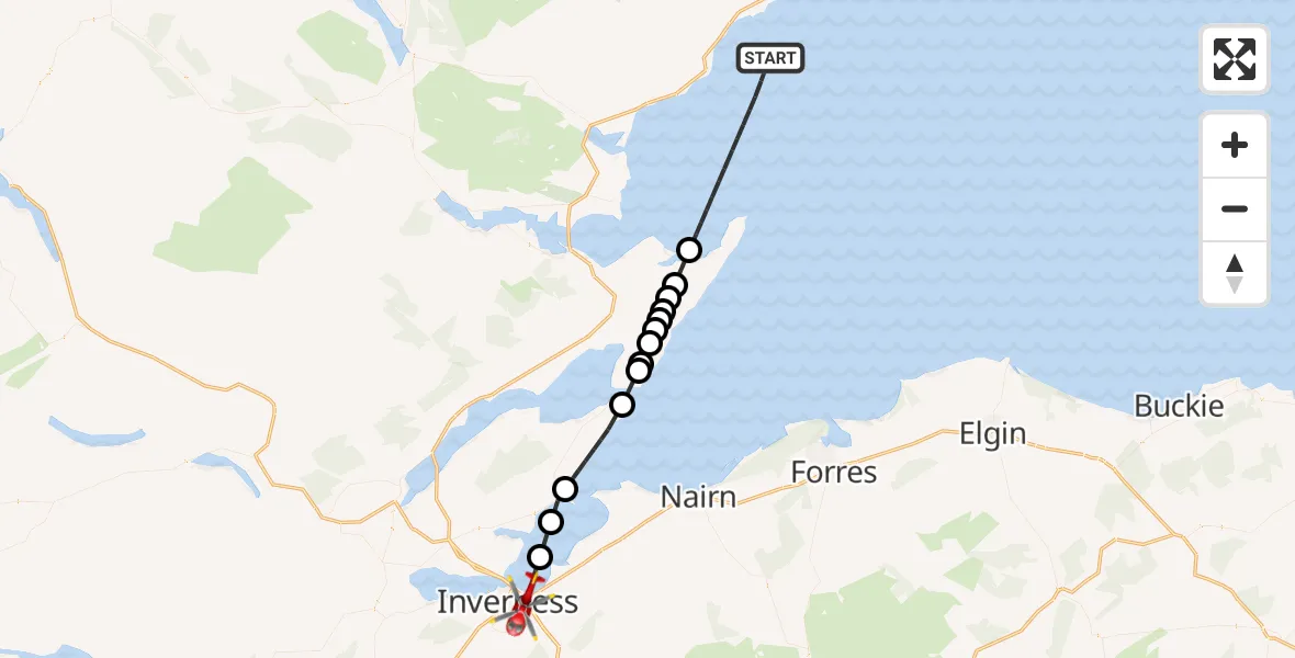 Flight path map showing Air Ambulance Helicopter route from North Sea to Inverness