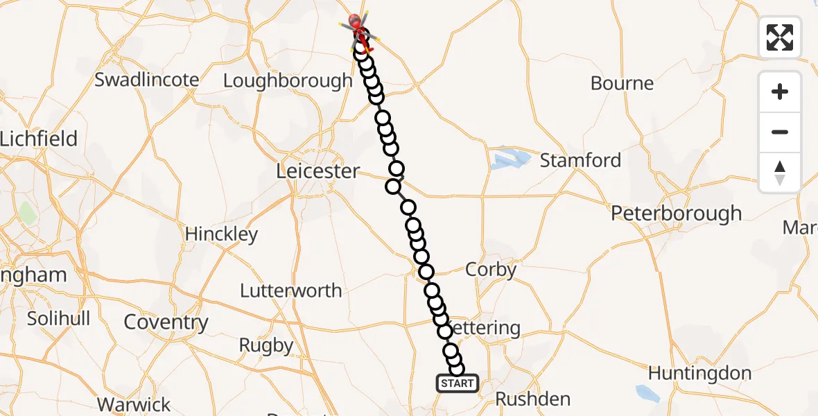 Flight path map showing Air Ambulance Helicopter route from Sywell to Nottingham Heliport