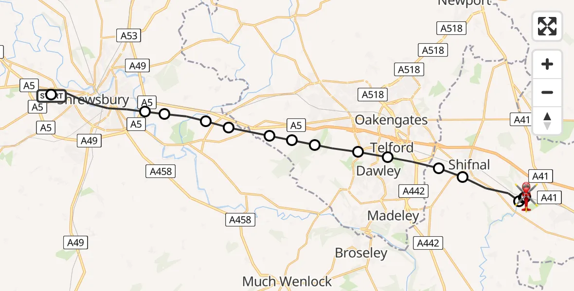 Flight path map showing Air Ambulance Helicopter route from Shrewsbury Royal Hospital to Cosford
