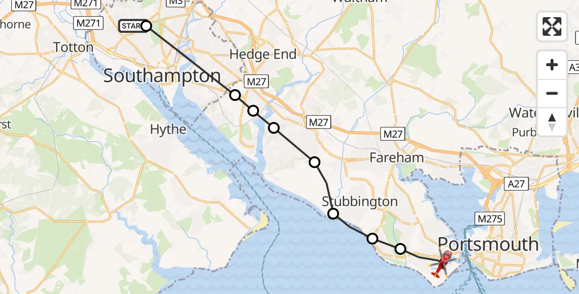 Flight path map showing Air Ambulance Helicopter route from University Hospital Southampton to Gosport