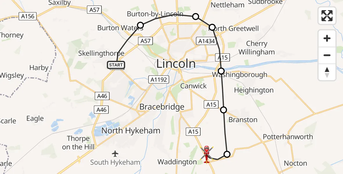 Routekaart van de vlucht: Air Ambulance Helicopter to North Kesteven, Sleaford Road