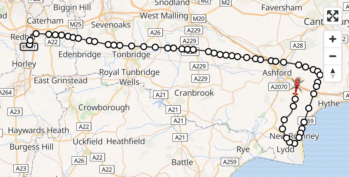 Flight path map showing Air Ambulance Helicopter route from Redhill Aerodrome to Smeeth