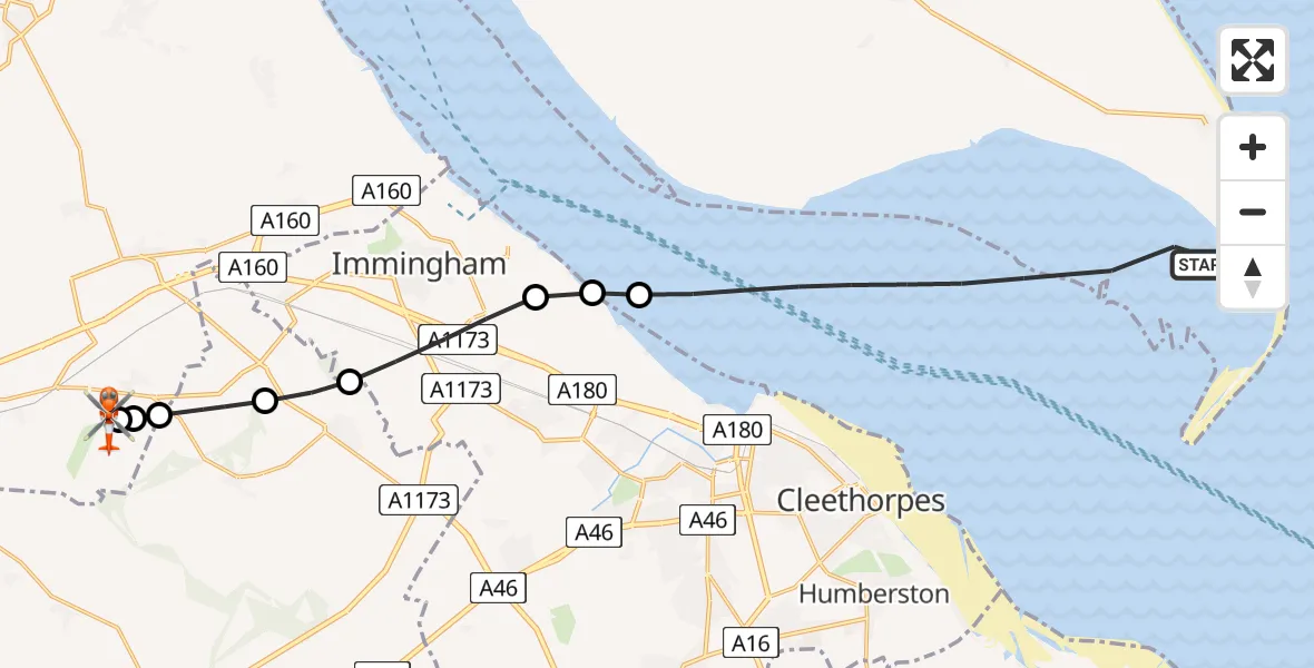 Flight path map showing Coastguard Helicopter route from North Sea to Humberside Airport