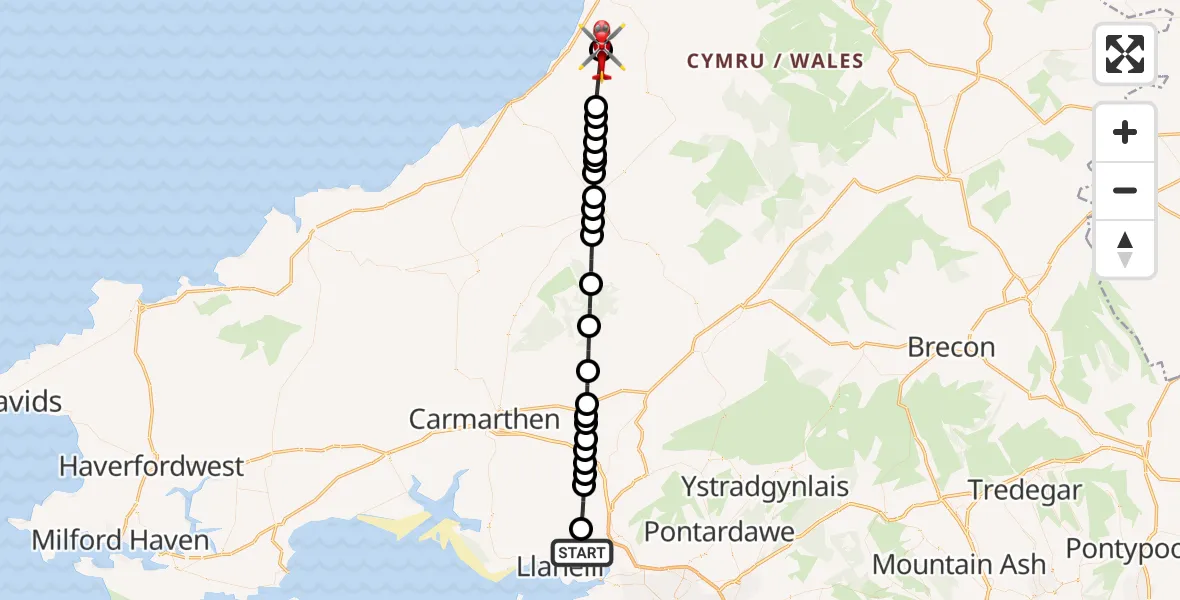 Flight path map showing Air Ambulance Helicopter route from Dafen to Llanrhystud