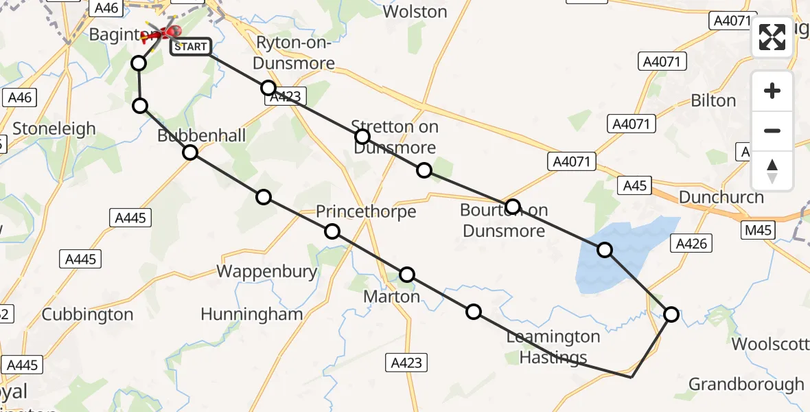 Flight path map showing Air Ambulance Helicopter route from Coventry Airport to Coventry Airport