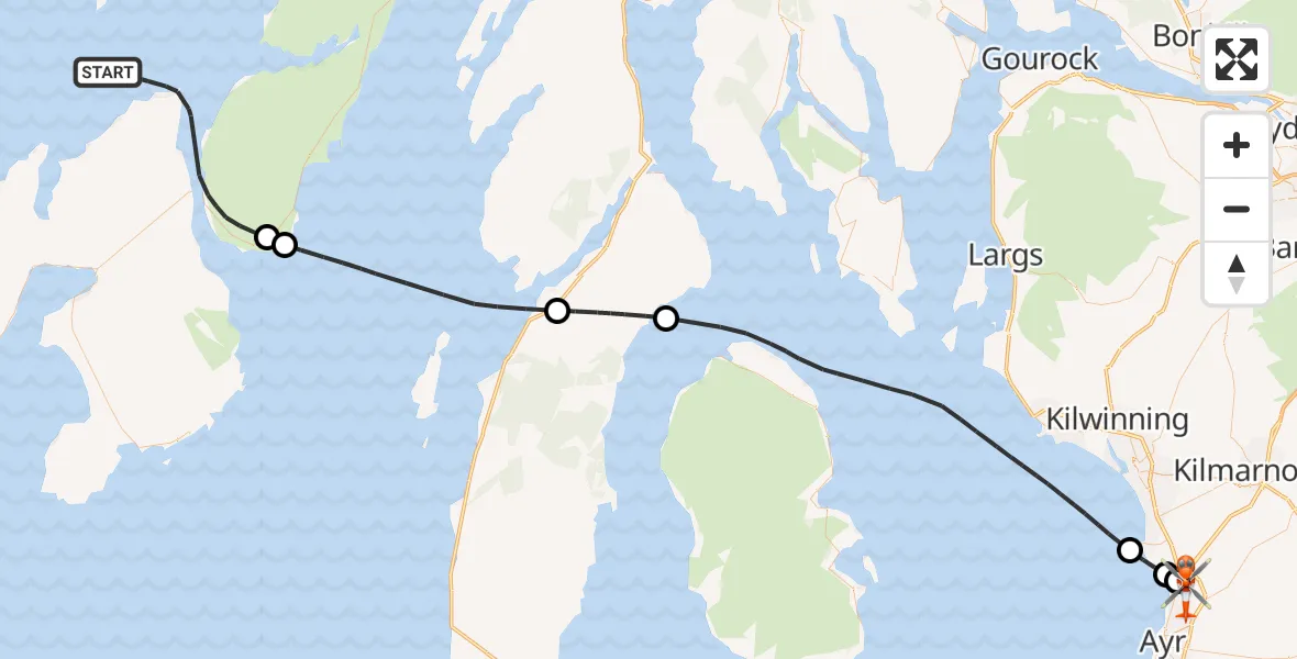 Flight path map showing Coastguard Helicopter route from Inner Seas to Glasgow Prestwick Airport