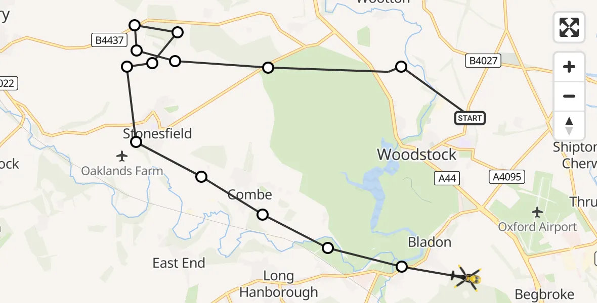 Flight path map showing Police Helicopter route from Woodstock to Bladon