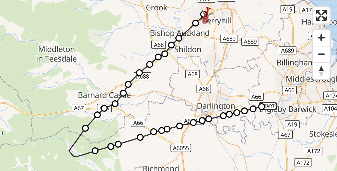 Flight path map showing Air Ambulance Helicopter route from Egglescliffe to Spennymoor