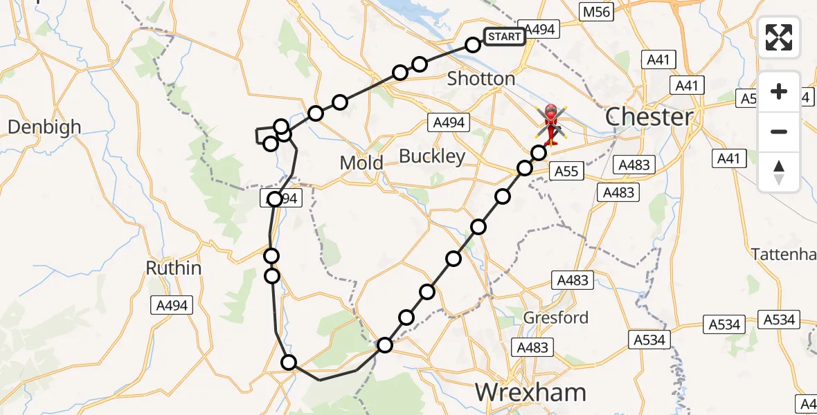 Flight path map showing Air Ambulance Helicopter route from Shotton to Hawarden Airport