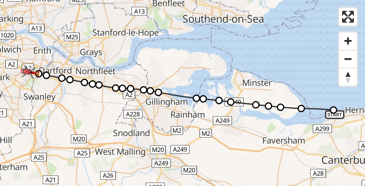 Routekaart van de vlucht: Air Ambulance Helicopter to London Borough of Bexley, North Sea