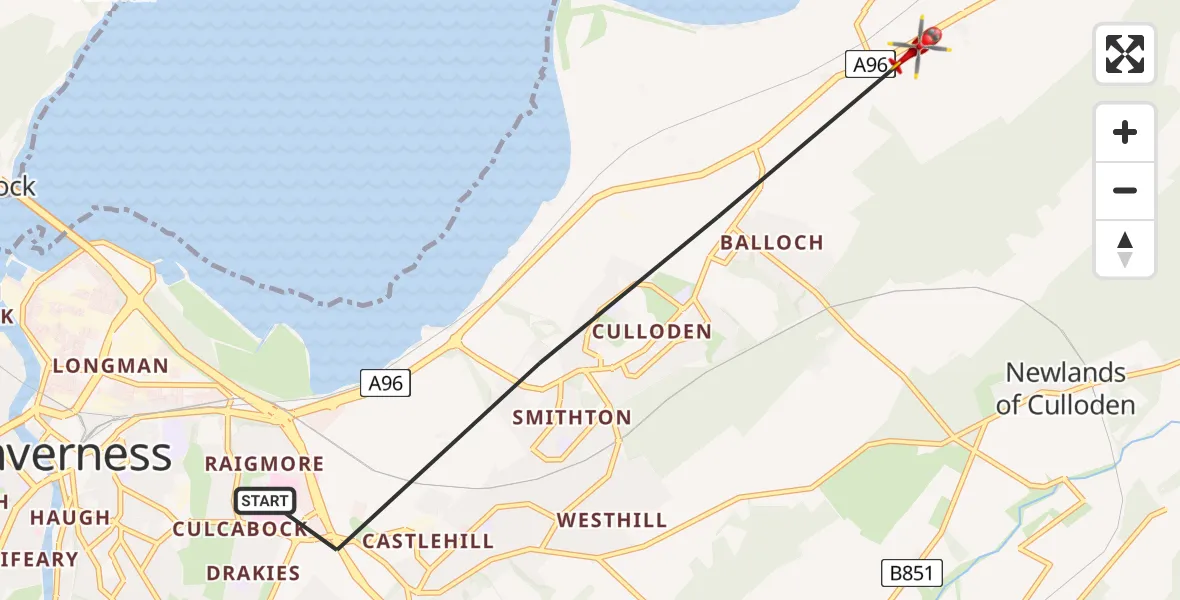 Flight path map showing Air Ambulance Helicopter route from Inverness to Inverness