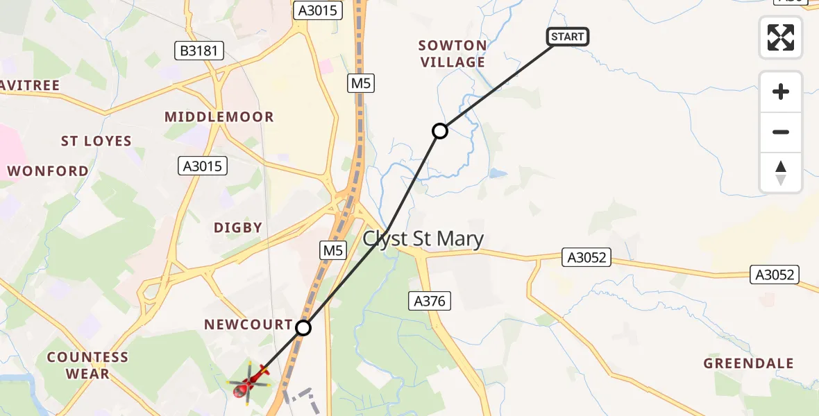 Flight path map showing Air Ambulance Helicopter route from East Devon to Topsham