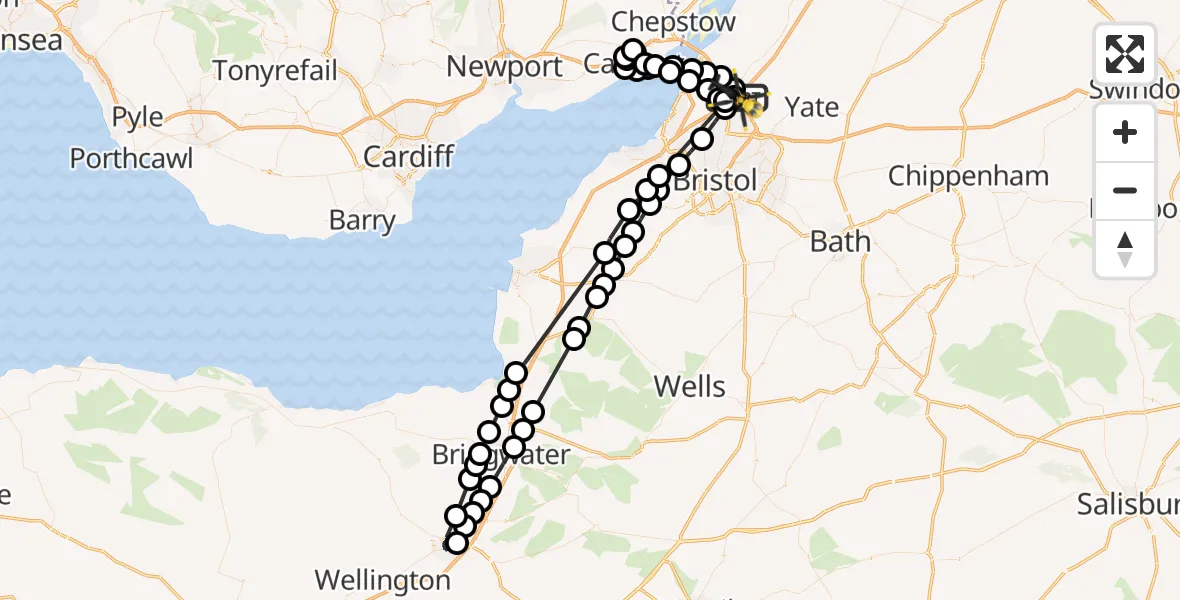 Flight path map showing Police Helicopter route from Almondsbury Helicopter Base to Almondsbury Helicopter Base