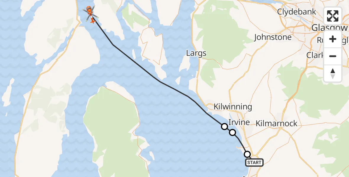 Flight path map showing Coastguard Helicopter route from Glasgow Prestwick Airport to Inner Seas