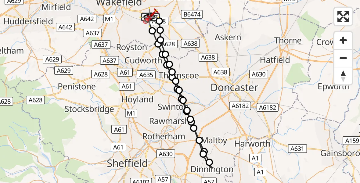 Flight path map showing Air Ambulance Helicopter route from YAA Nostell Helicopter Port to YAA Nostell Helicopter Port