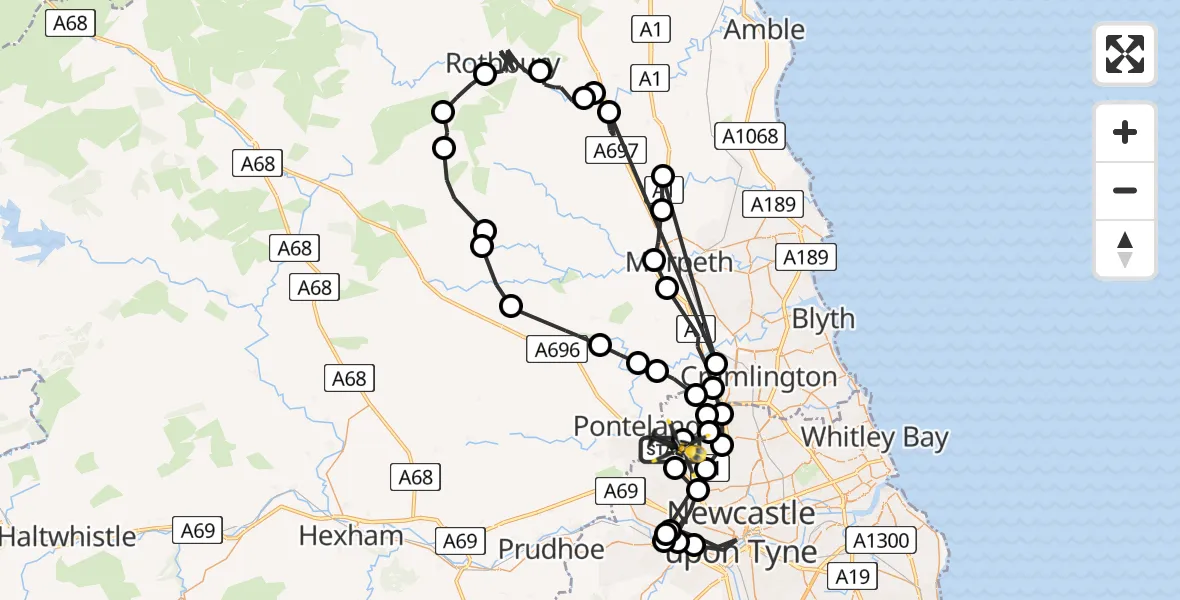 Flight path map showing Police Helicopter route from Newcastle International Airport to Newcastle International Airport