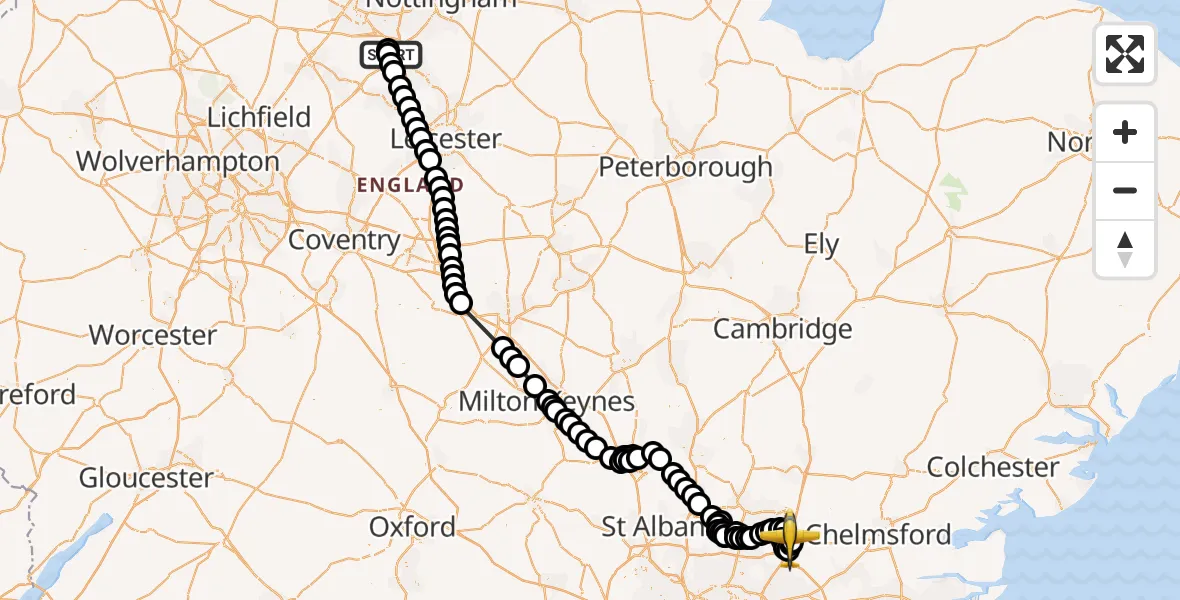 Flight path map showing Police Aircraft route from East Midlands Airport to North Weald Airfield