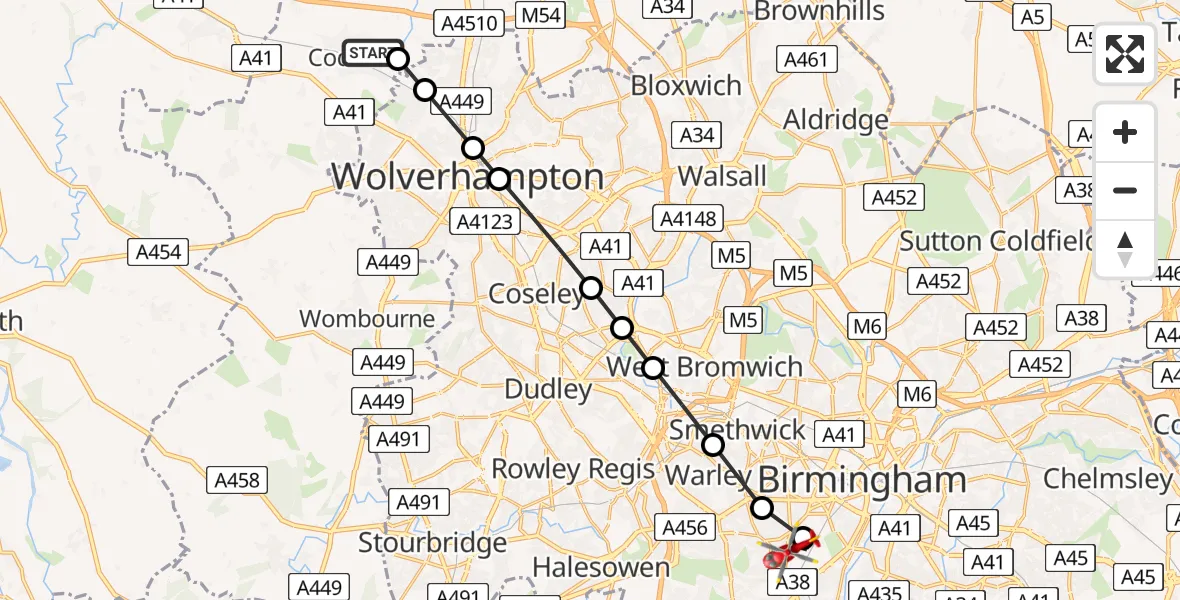 Flight path map showing Air Ambulance Helicopter route from Bilbrook to Metchley