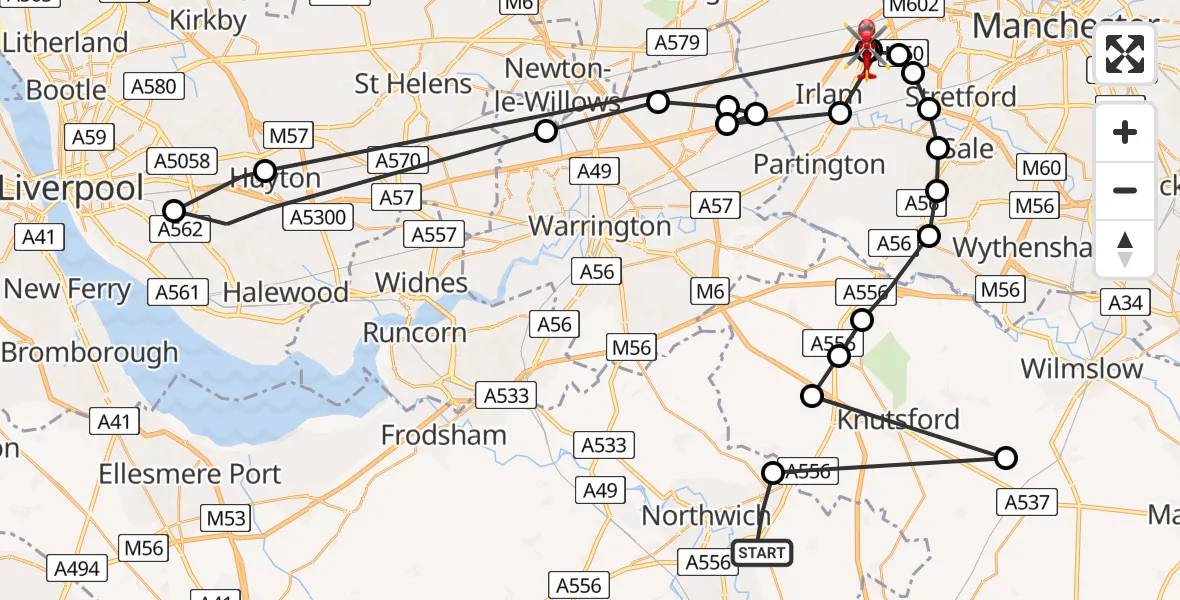 Flight path map showing Air Ambulance Helicopter route from Lostock Green to Manchester Barton Aerodrome