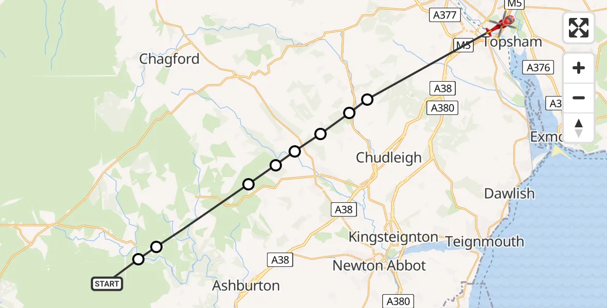 Flight path map showing Air Ambulance Helicopter route from West Devon to Topsham
