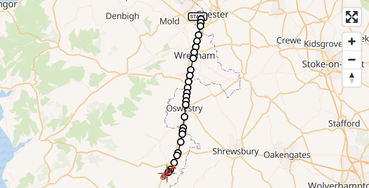 Flight path map showing Air Ambulance Helicopter route from Hawarden Airport to Welshpool Airport