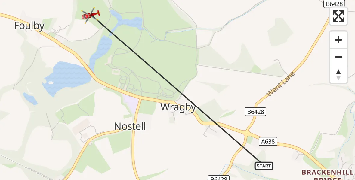 Flight path map showing Air Ambulance Helicopter route from Wragby to YAA Nostell Helicopter Port