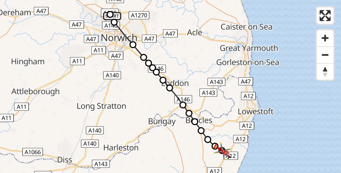 Flight path map showing Air Ambulance Helicopter route from Norwich Airport to Wrentham
