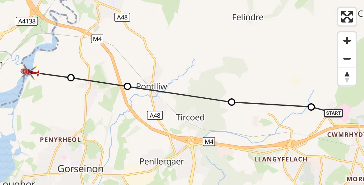 Flight path map showing Air Ambulance Helicopter route from Morriston Hospital Helipad to Grovesend and Waungron