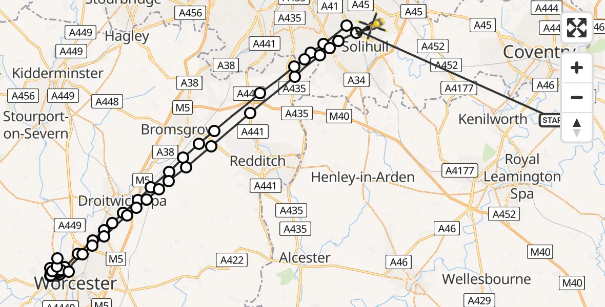 Flight path map showing Police Helicopter route from Bubbenhall to Ulverley Green
