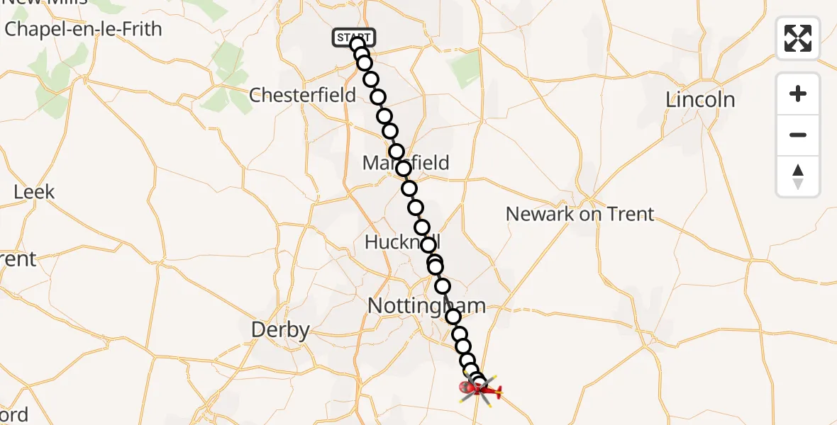 Flight path map showing Air Ambulance Helicopter route from Spinkhill to Nottingham Heliport