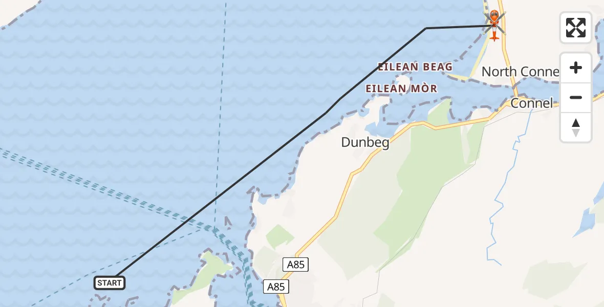 Flight path map showing Coastguard Helicopter route from Inner Seas to Oban Airport