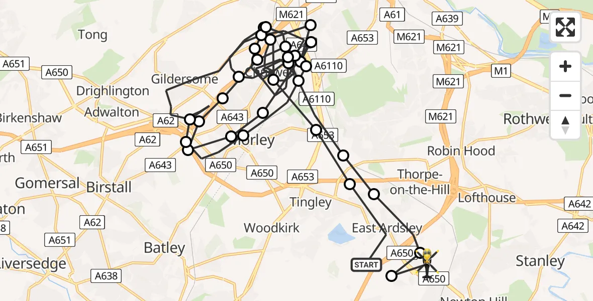 Flight path map showing Police Helicopter route from East Ardsley to Newton Hill
