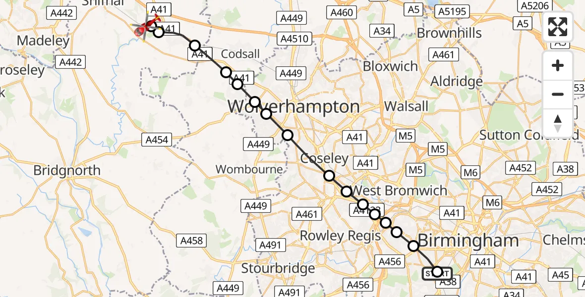Flight path map showing Air Ambulance Helicopter route from Queen Elizabeth Hospital Helipad to Cosford